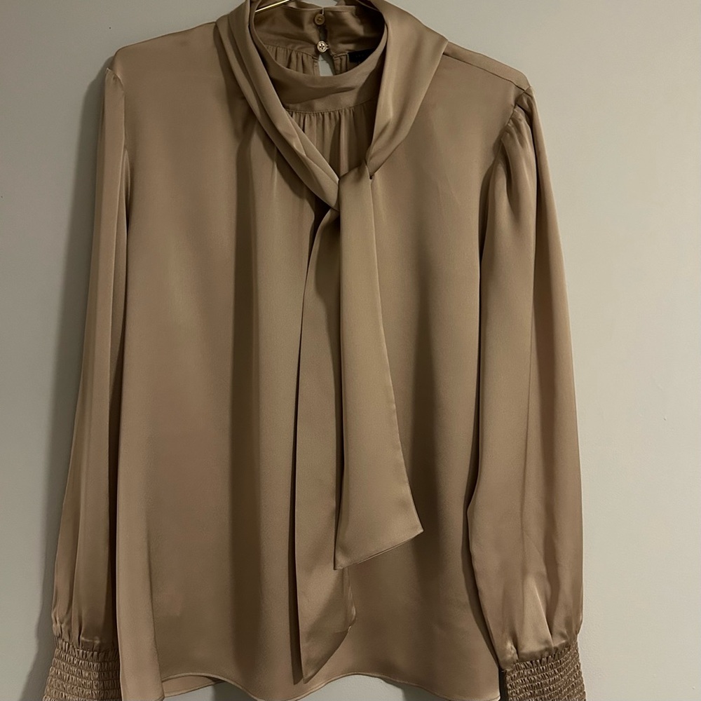 Ann Taylor Silk-Look Tie-Neck Blouse — Beige